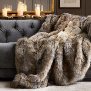 Restoration Hardware Channel Faux Fur Throw 50" x 60" in Iberian Wolf Faux Fur